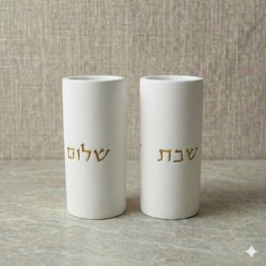 פמוטים בטון – לבן זהב שבת שלום